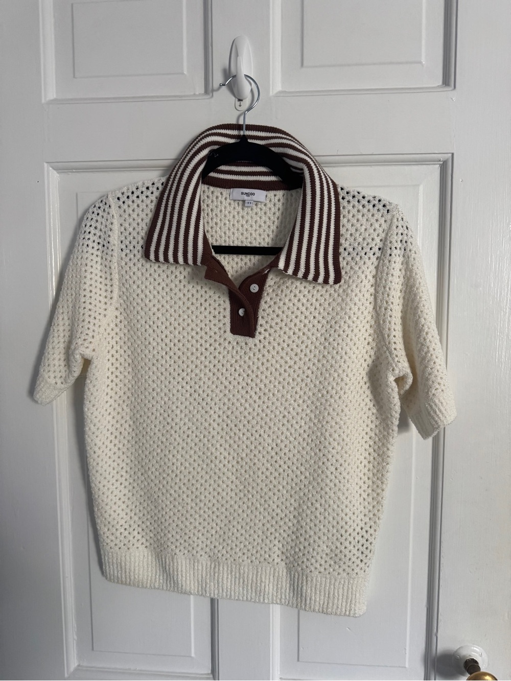 SUNCOO Cream Knit V-Neck Polo Sweater with Brown Trim
